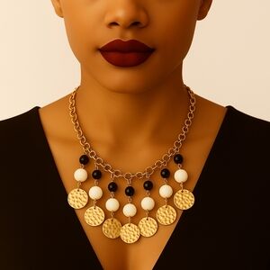 Gold Hammered Disc Charm Necklace w/ Black & White Beads – 22" Statement Jewelry